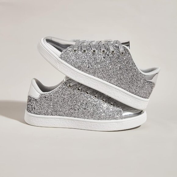Brand New Women Silver Thermoplastic Elastomers Glitter Sparkly Lace Sneakers - Picture 3 of 9